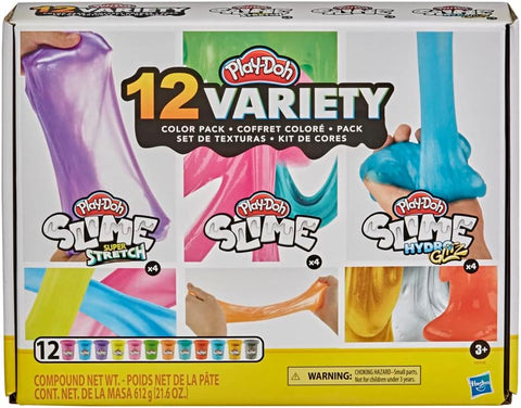 Play-Doh Slime: Super Stretch, and HydroGlitz 12 Color Variety Pack for Kids 3 Years and Up, 1.8-Ounce Cans, Non-Toxic, Assorted Colors, Includes 2 Tools